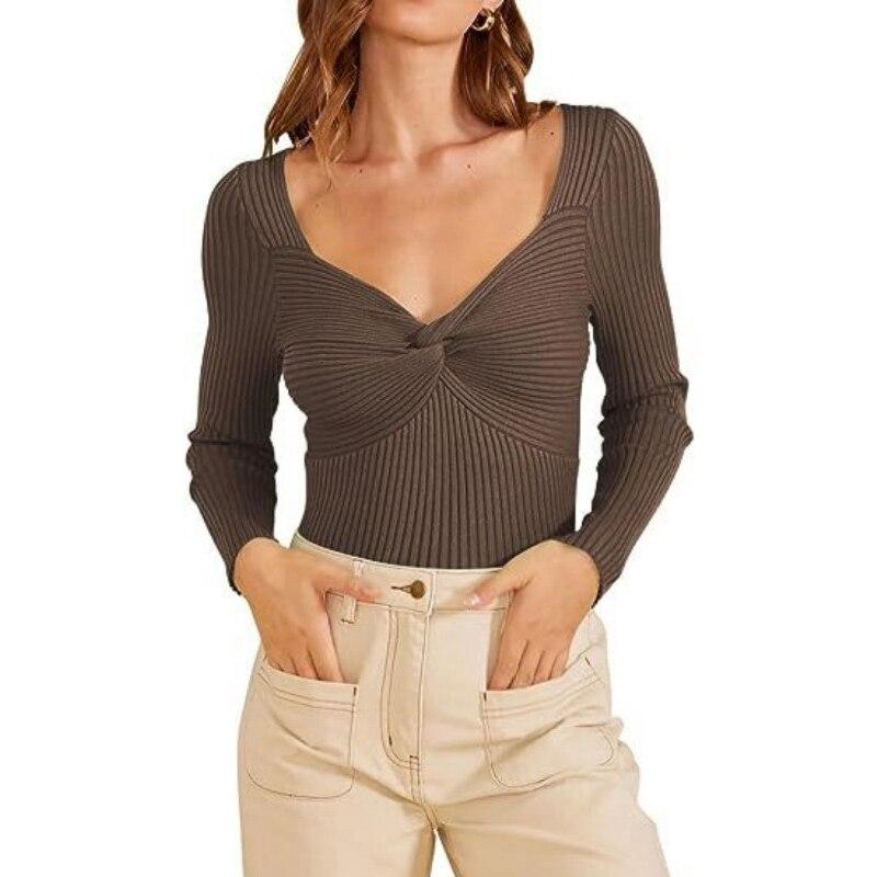 

Однотонні топи Приталений одяг Модні пуловери з V-подібним вирізом і довгими рукавами Осінньо-зимові жіночі светри 28968 XXL темно-коричневого кольору