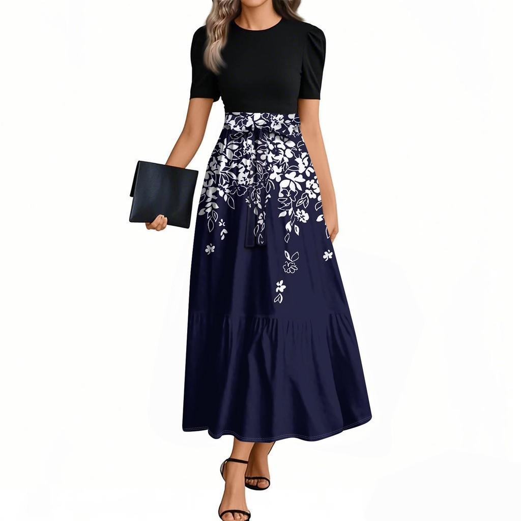 Women's Floral Print High Waist Fashionable And Elegant Dress
