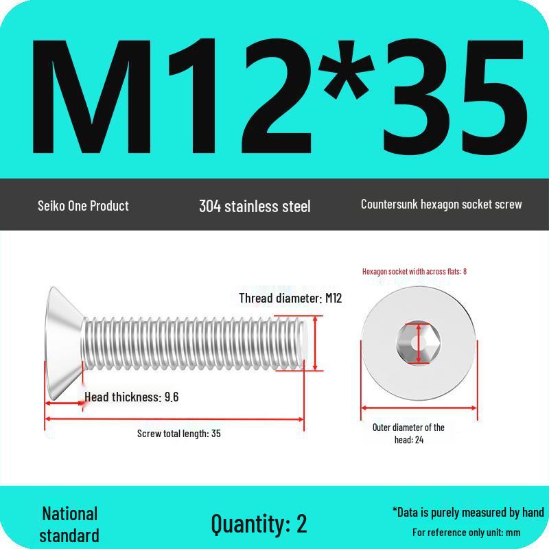 M2-M10 Stainless Steel Flat Head Machine Screws and Bolts Set, Countersunk Hex Socket Cap, 304 Grade.