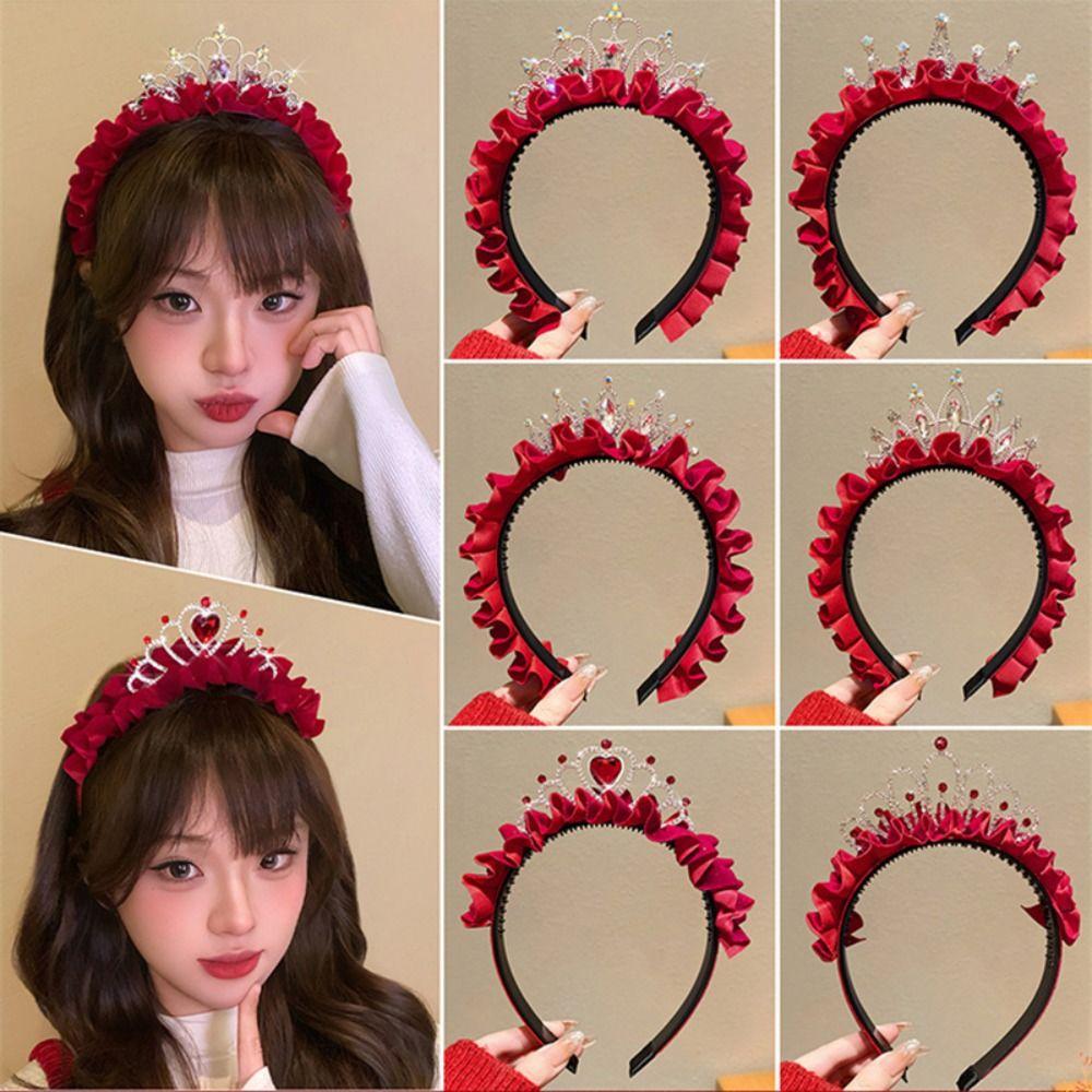Rhinestone Princess Crown Hair Hoop New Year Red Head Wear Sweet New Year Headband  Children