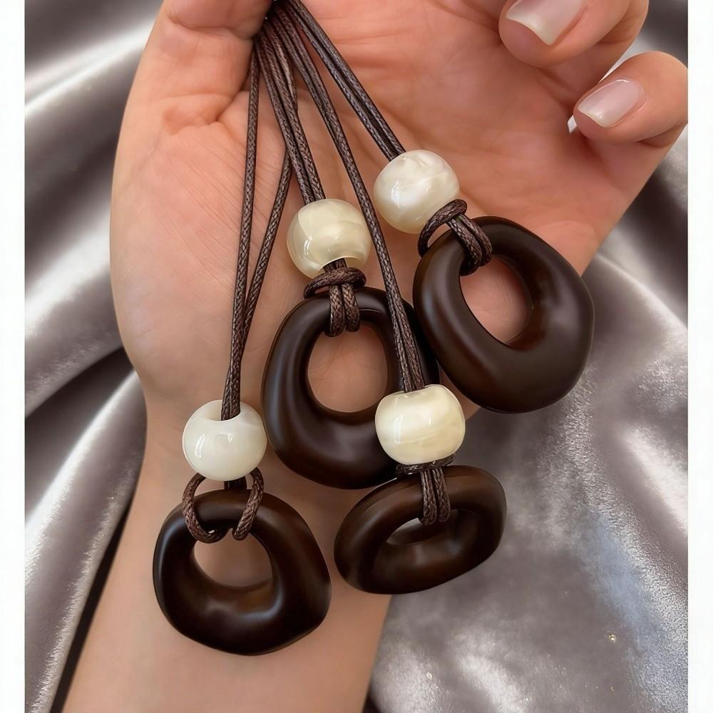 Leather Rope Geometric Pendant Necklace Adjustable Length Sweater Chain  Women