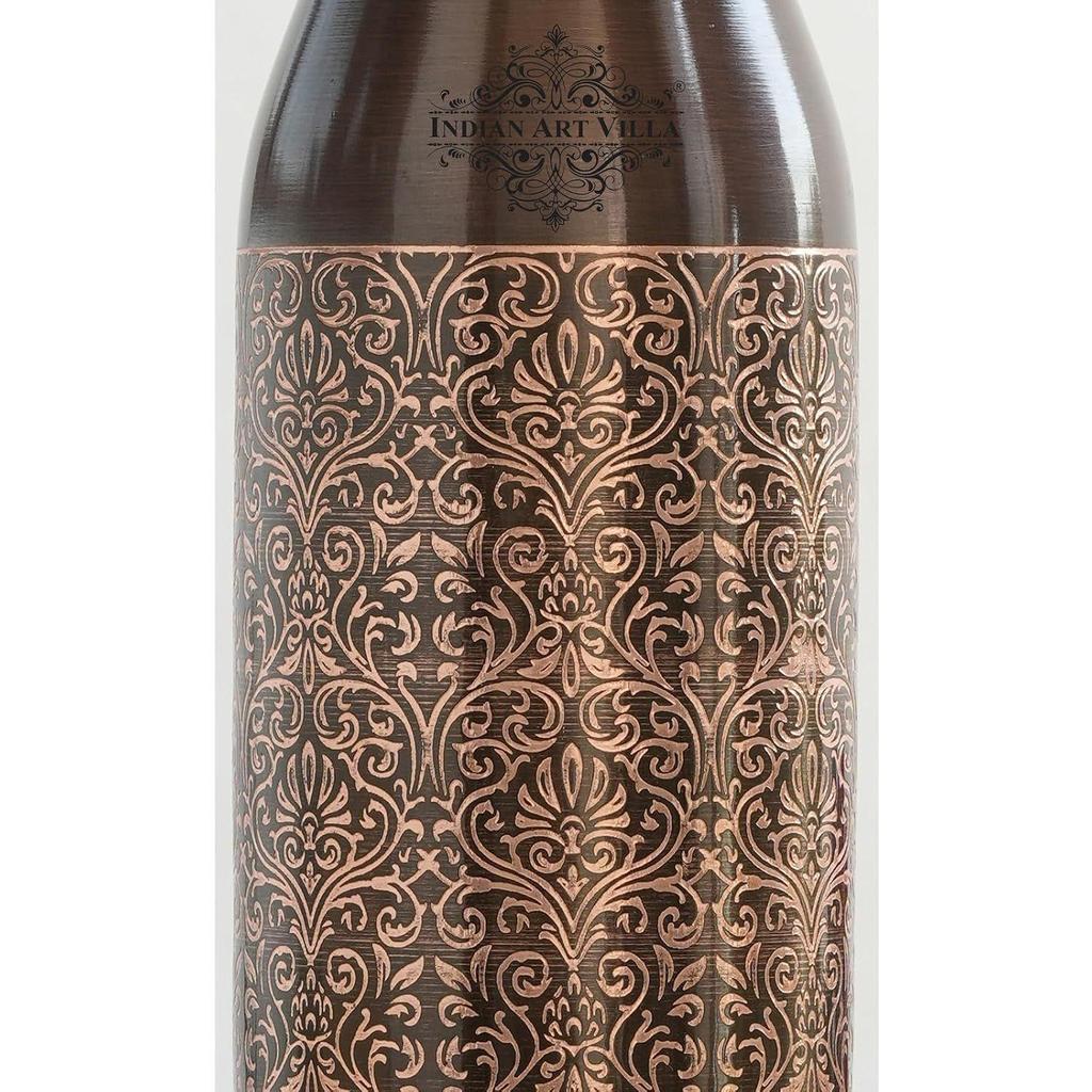 100% Pure Copper Water Bottle, Antique Dark Embossed Design, Ayurvedic Vessel for Yoga & Health, 900ml