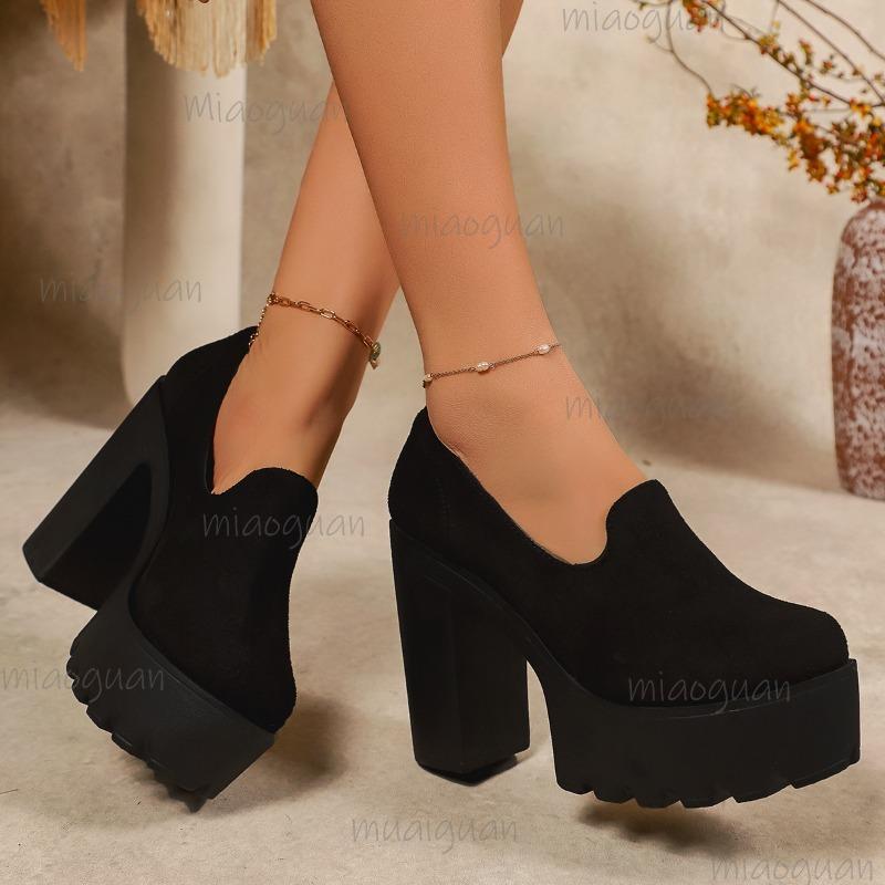 

Black Suede Platform Loafers Women s Block Heel Slip-On Shoes Thick Sole Footwear for Ladies Non-Slip Round Toe High Heel Pumps 43 чорний