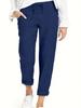 Women's European American Cotton Linen Casual Cropped Straight Leg Trousers with Elastic Waist