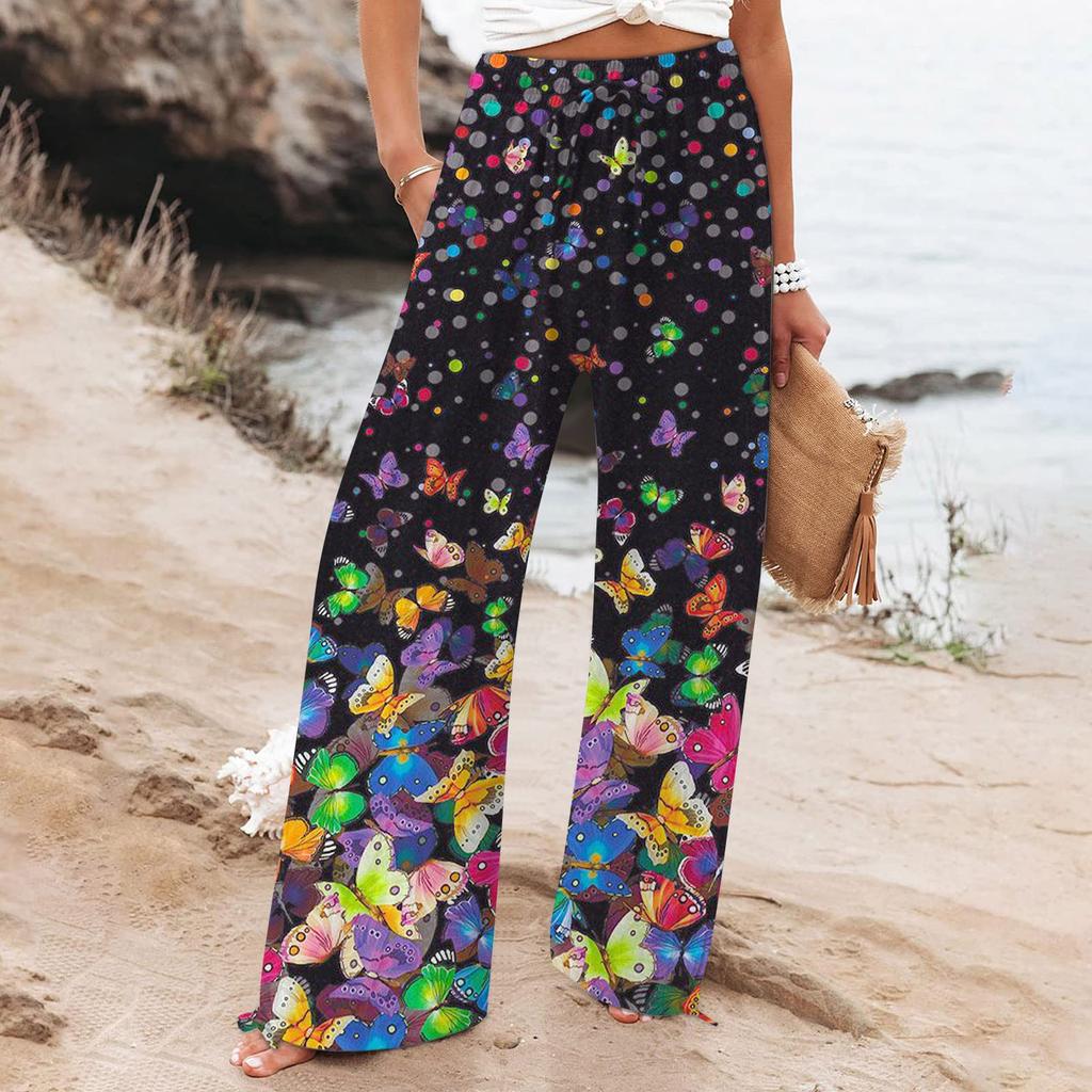 Women's  Casual Loose High Waist Cotton Linen Wide Leg Long Pants With Pockets