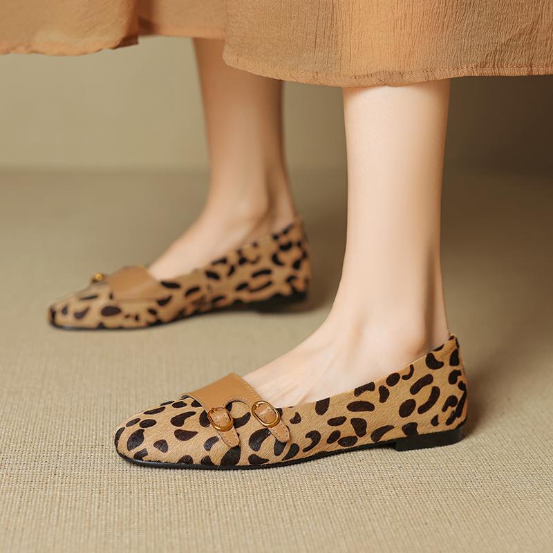 Fashion 2025 New Size 34-40 New Spring Autumn Women Pumps Round Toe Chunky Horsehair Leopard Shoes Concise Flats Comfortable Black Soft