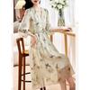 Silk Double Crepe Dress Women's Summer Retro Fashion V-neck Printing Long-sleeved Mulberry Silk A-shaped Dress
