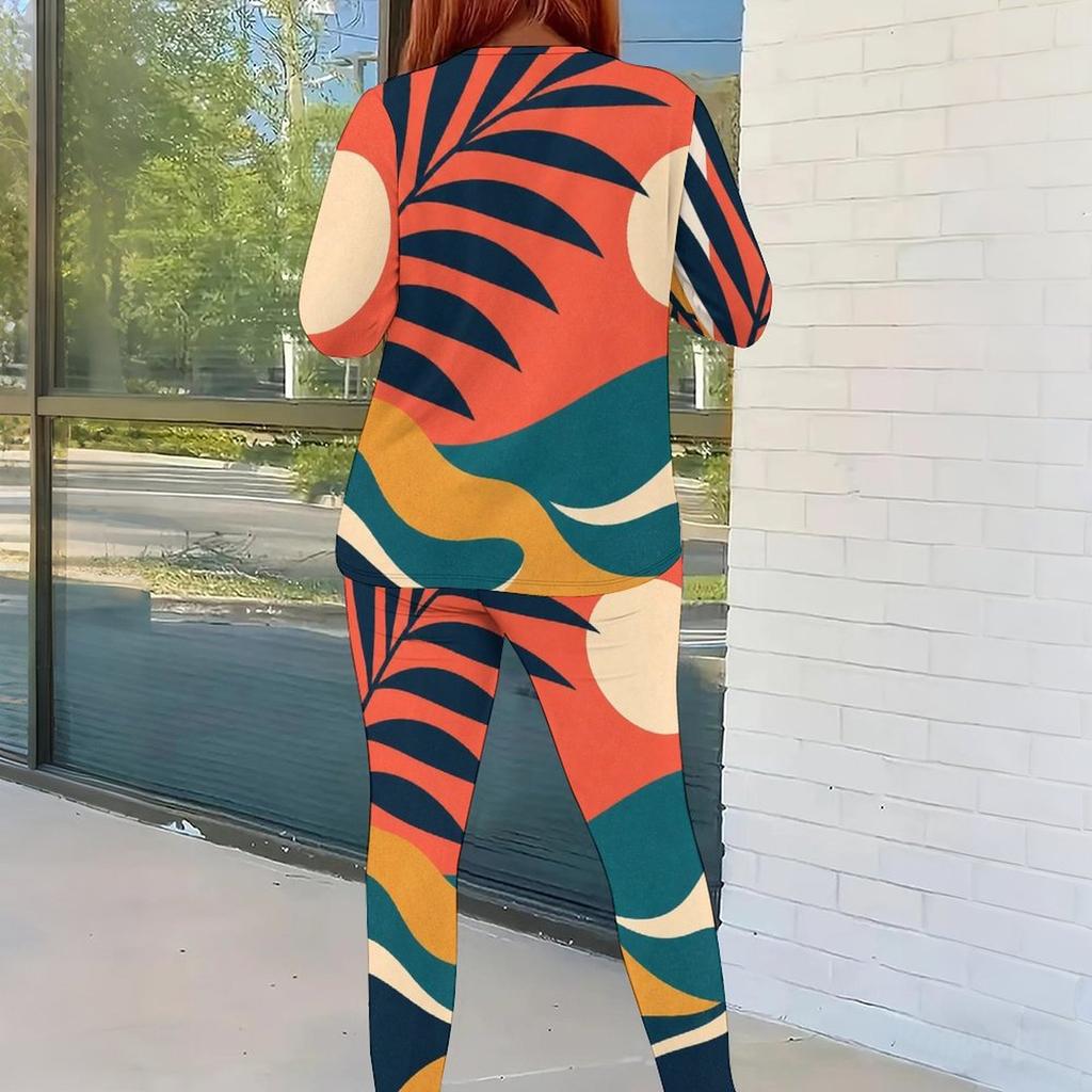 Women Plus Size Round Neck Long Sleeve Tropical Printed Fitted Pants Two Piece Set