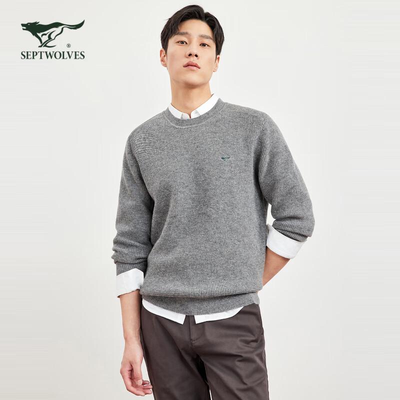 Qipilong Men's Pure Wool Striped Crew Neck Warm Sweater