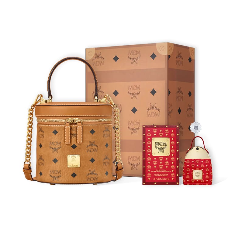 MCM Visetos Leather Cylinder Bag Handbag Small Women's Brown & Cognac MWRAACG01CO001