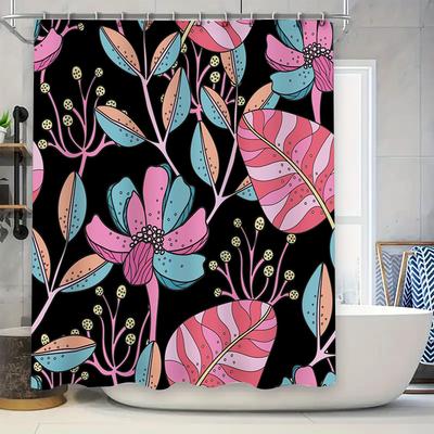 Modernes Badezimmerdekor Duschvorhang mit Blumendruck Rosa Lila Blau Grün Blattmuster Schwarzer Hintergrund Heimdekoration für