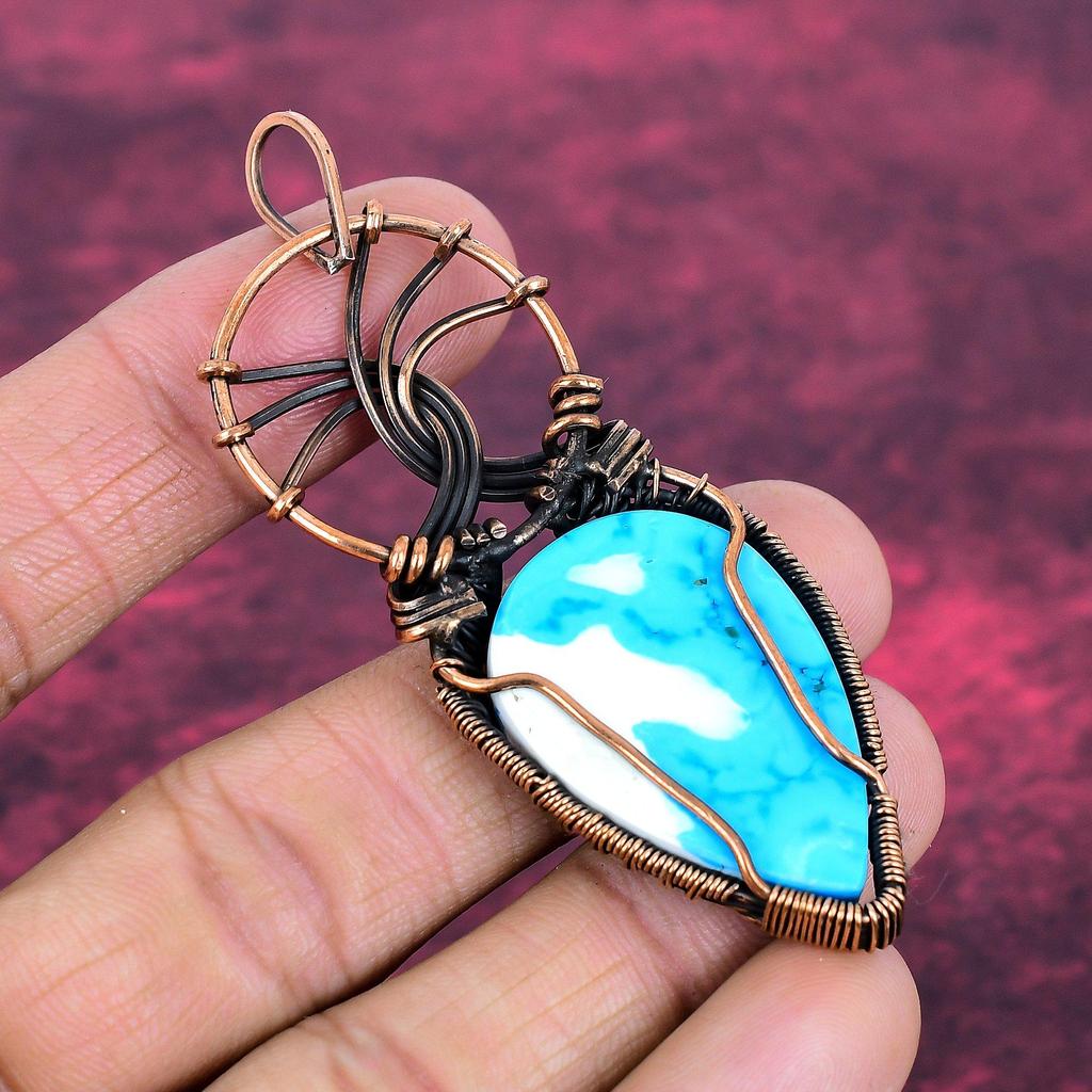 Tibetan Turquoise Pendant Copper Wire Wrapped Handmade Pendant Gemstone Jewelry