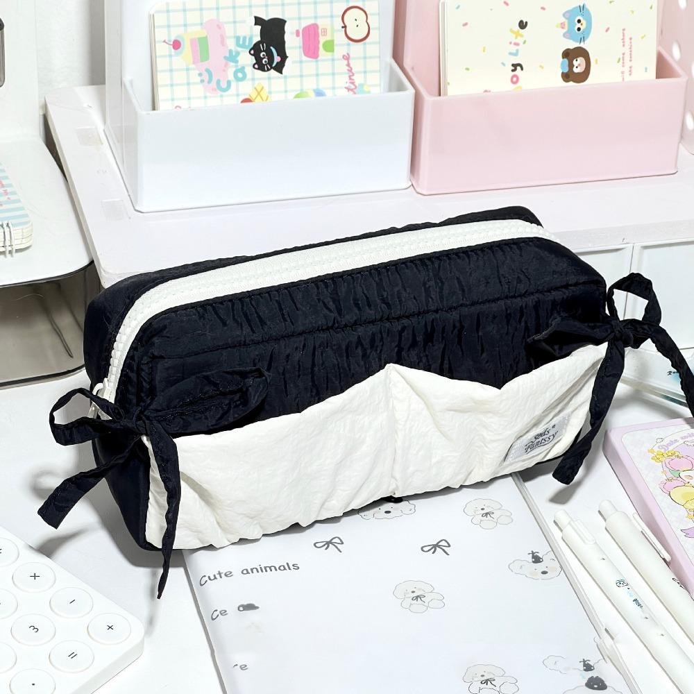 Cute Bowknot Pen Bag Soft Fabric Large Capacity Stationery Bag Students Portable Pencil Case Stationery Organizer