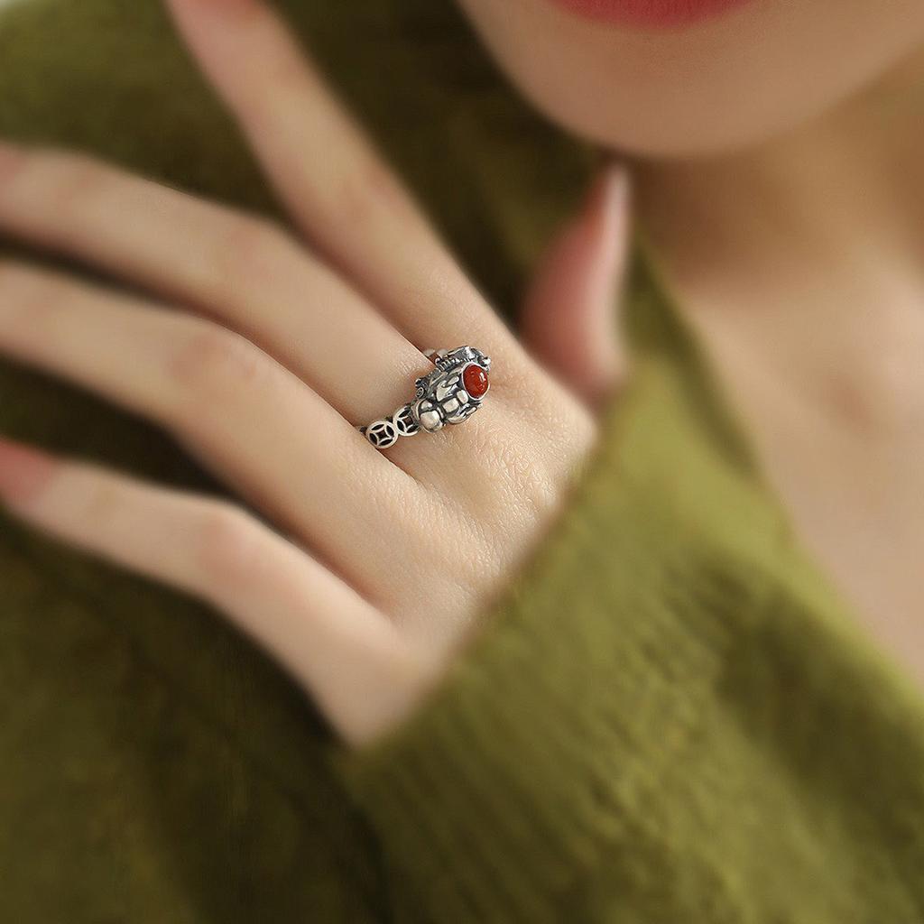 Vintage Thai Silver Ring With Red Agate Inlay Adjustable Open Cuff Traditional Coin Pattern For Women