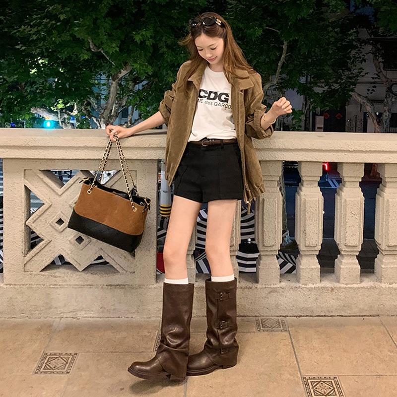 Height Increasing Buckle Mid Tube Western Knight Boots Women's Pile Boots