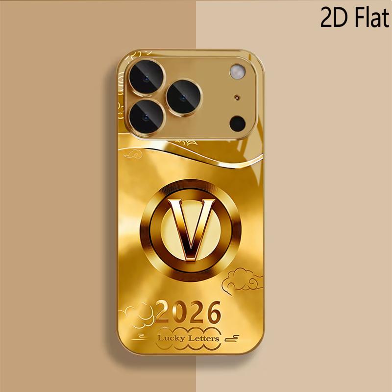 Golden V Patterned Tempered Glass Design for iPhone16 17 ProMax 1514 1312 11ProMax Phone Case Camera Cover Shockproof Hard Back
