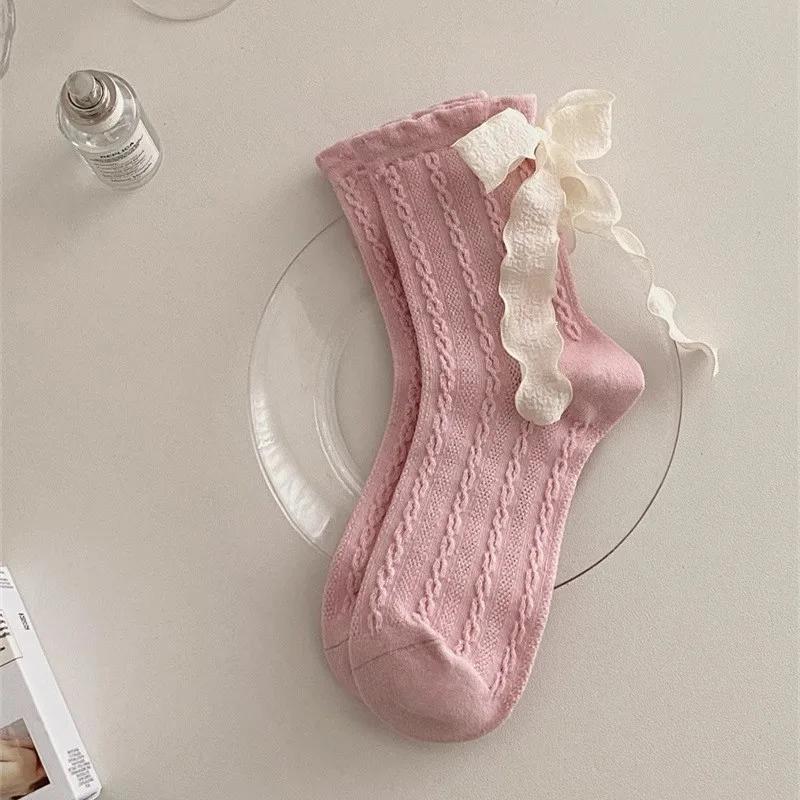 Heel Ribbon Bow Socks Children in Summer Thin Sweet Girl Lolita Socks Women Fried Dough Twists Pattern Tube Socks Absorb Sweat