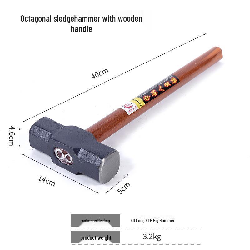 1.2m Wooden Handle Octagonal Demolition Sledgehammer - Heavy Duty Construction Site Tool