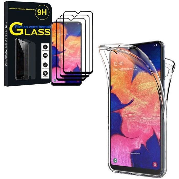 Coque Silicone 360° - TRANSPARENT - Samsung Galaxy A10 - Protection intégrale - 3 Films verre trempé - Noir