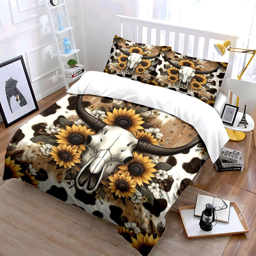 Cow Skull & Sunflower Pattern Bedding Duvet Cover Set Duvet Cover Pillowcases (1 * Duvet Cover 2 * Pillowcases, Without Duvet Insert)