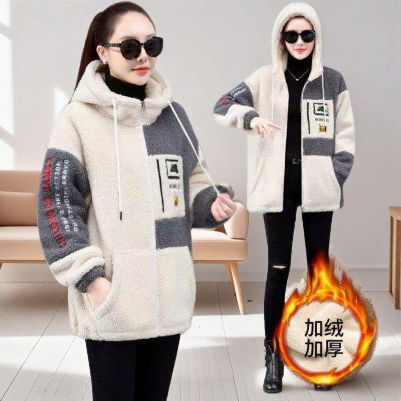 Lamb wool long sweater women's autumn and winter new large size loose and thin integrated fleece thickened zipper jacket