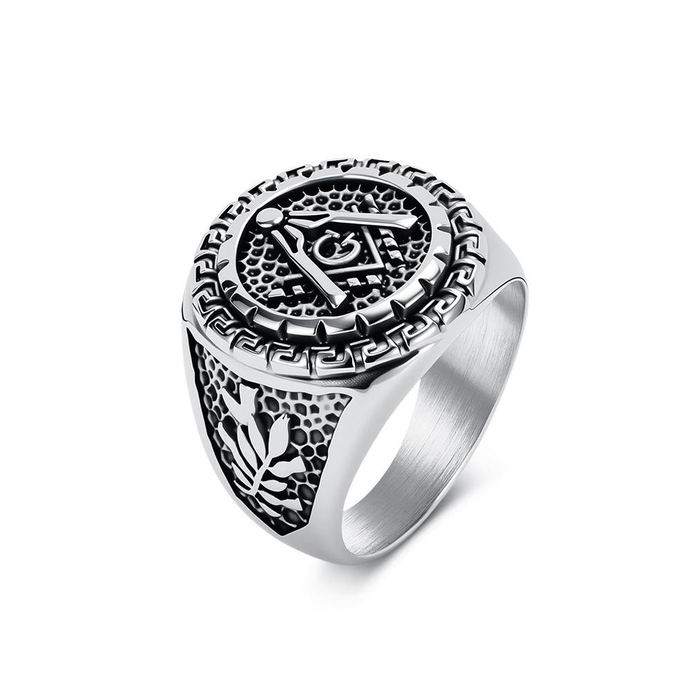 Men's Retro Stainless Steel Square Compass Freemason Punk Ring