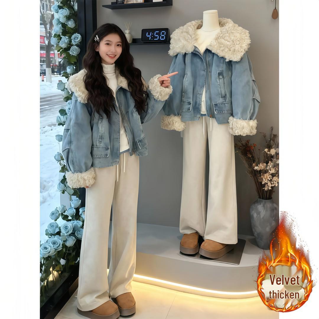 Women s Short Jacket: Winter 2025 High-End Denim Lapel with Fleece, Thickened for Warmth S