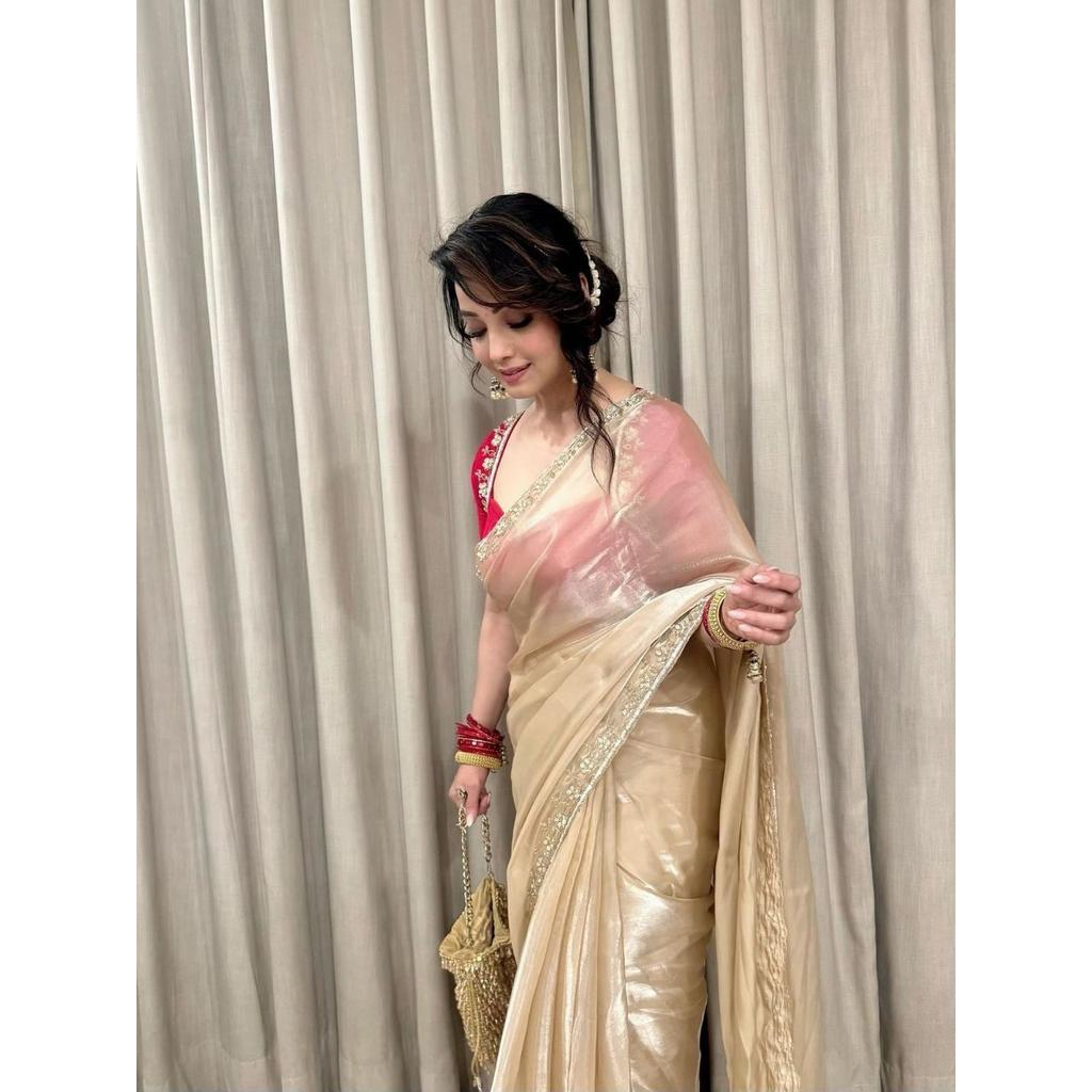 Neuer Launch – Leichter schicker Party-Saree mit Pailletten- und Kutdana-Handarbeit