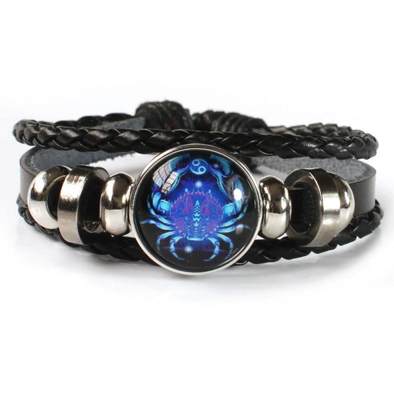 

12 созвездий Знак зодиака Черный плетеный кожаный браслет Рак Лев Дева Весы плетеный стеклянный купол ювелирные изделия панк мужской браслет