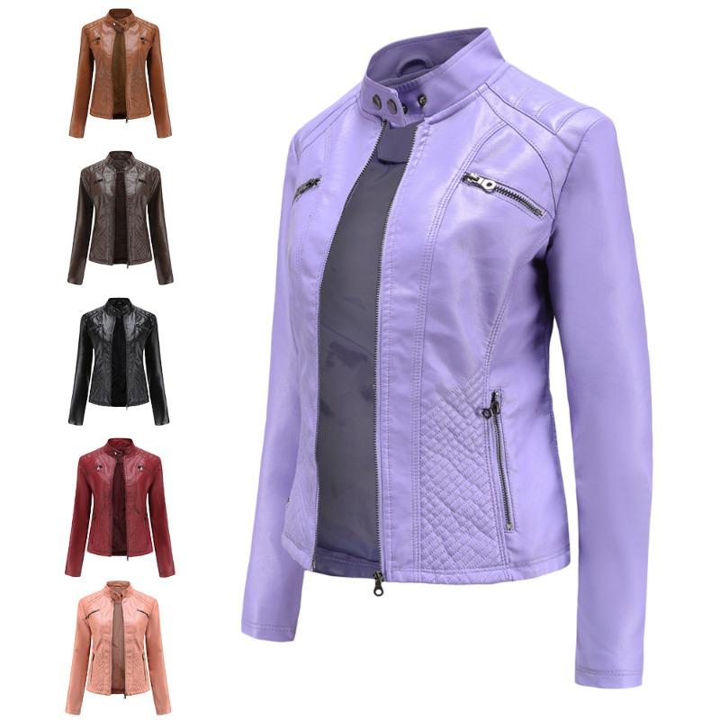 Neue Damen Freizeit Lederjacke Stehkragen Jacke Schlanke Jacke Damen Einfarbig Damen Lederjacke