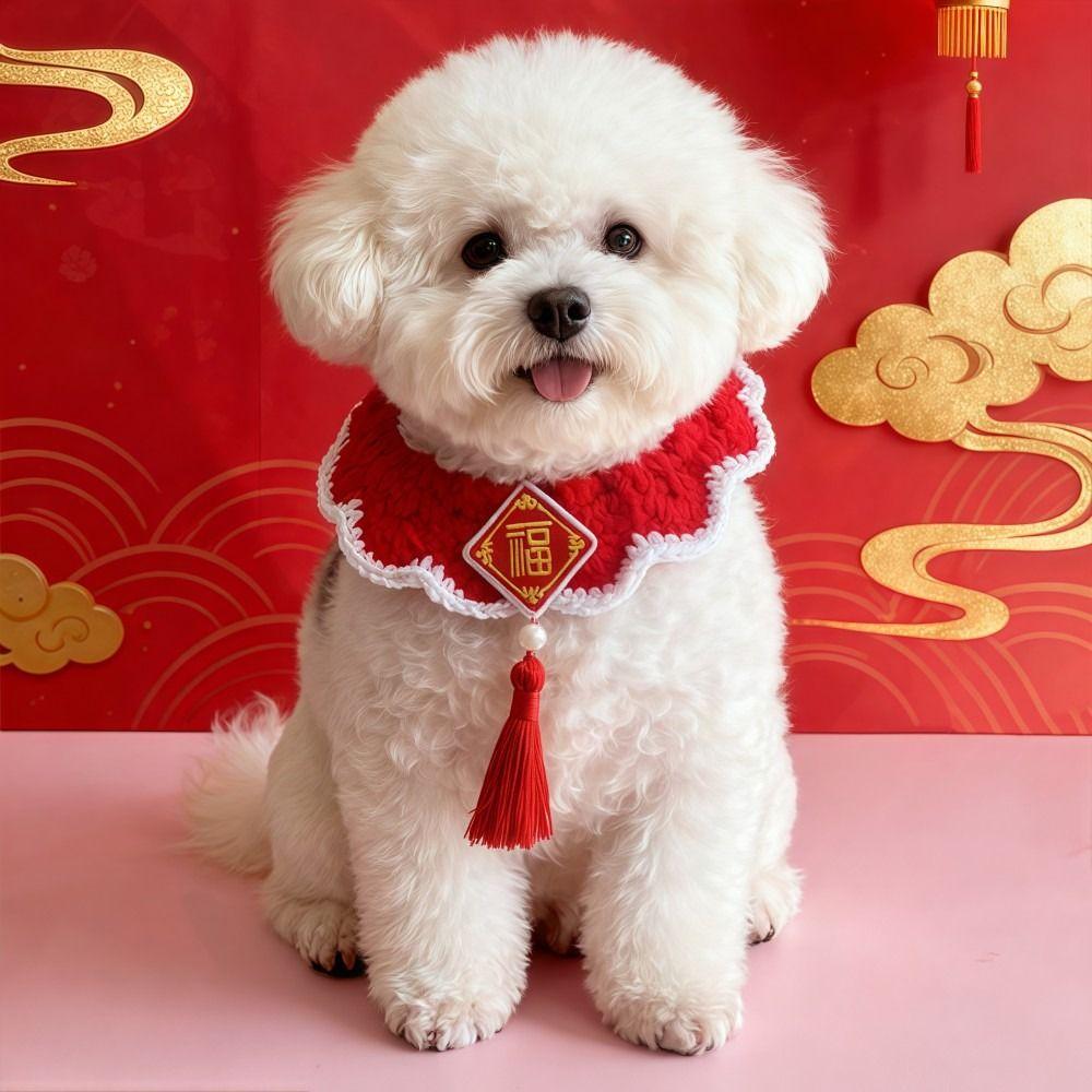 Handmade Cat Dog Scarves Lightweight Chinese Style New Year Cat Bow Tie Embroidery Pattern Red Tassels Knitted Pet Collar