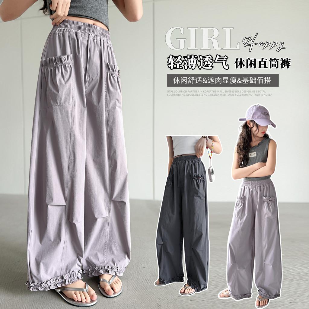 Girls' Summer Casual Pants, Thin Pants, 2026 New Style, Korean Version for Little Girls, Black Fungus Edge Cropped Pants, Children's Summer Clothes
