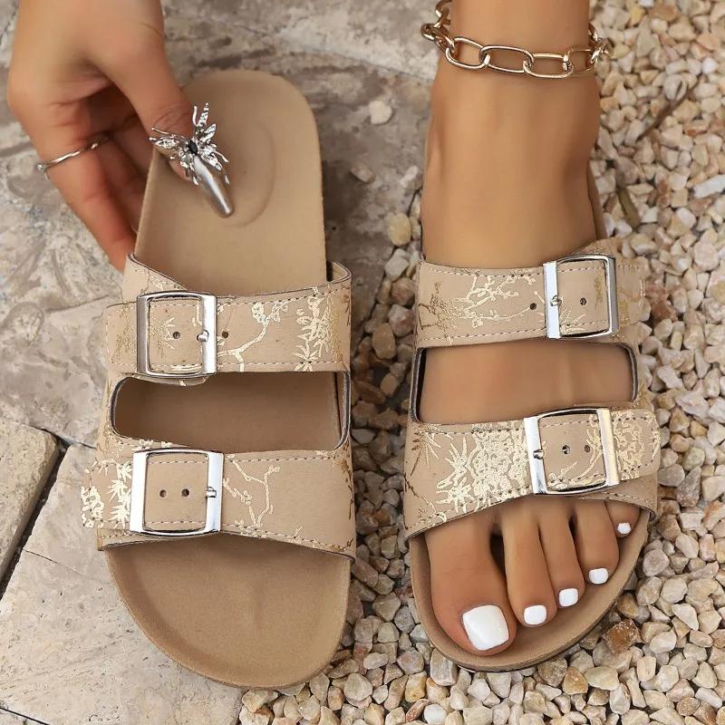 Fashion Fashion Leopard Women's Slippers New Cork Slippers Women Summer Outdoor Non-slip Shoes Buckle Sandals Woman Beach Flat Slippers