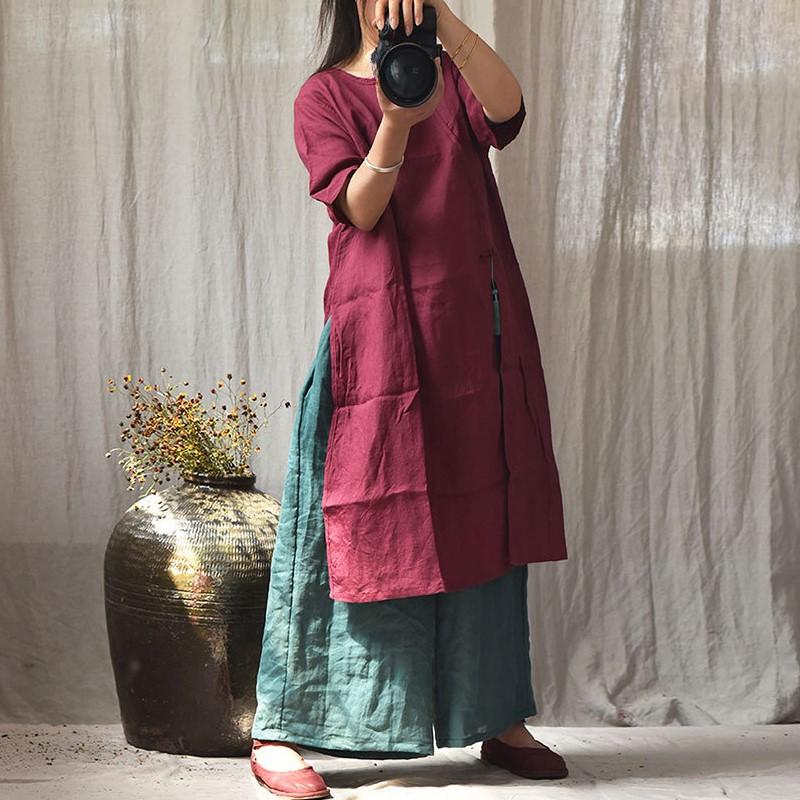 Johnature Women Pullover T-Shirts Solid Color O-Neck Summer Vintage Tees Loose Women Short Sleeve Long T-Shirts