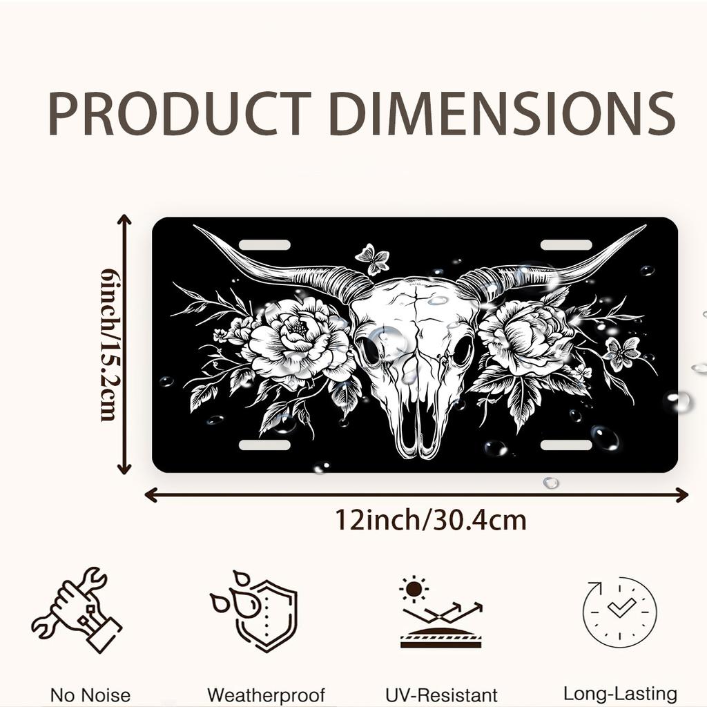 Black And White Cow Skull Aluminum License Plate | 6×12 Inches, Perfect for Personalizing Your Car with a Humorous Touch,