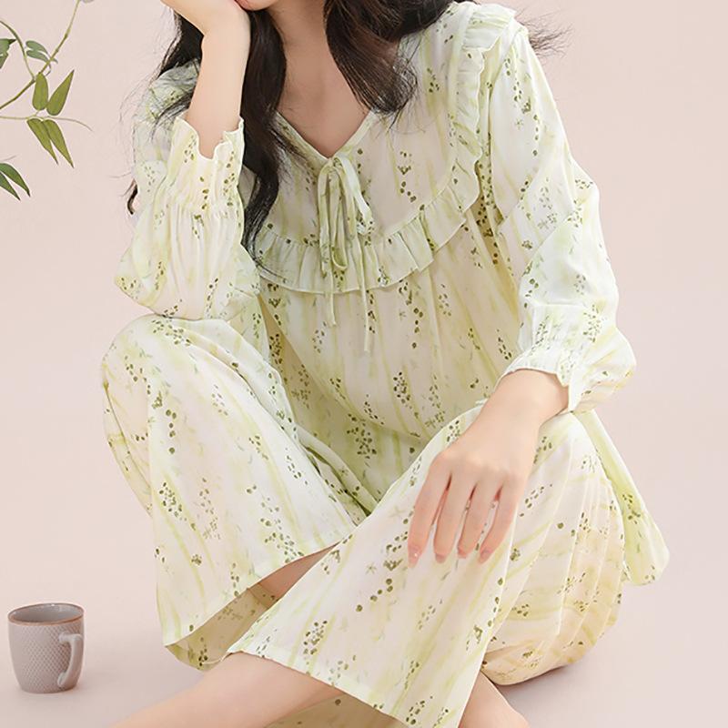 New Women's Cotton Silk Pajamas, Breathable and Loose Double Long Set, Lace Lace Loungewear, Soft and Comfortable