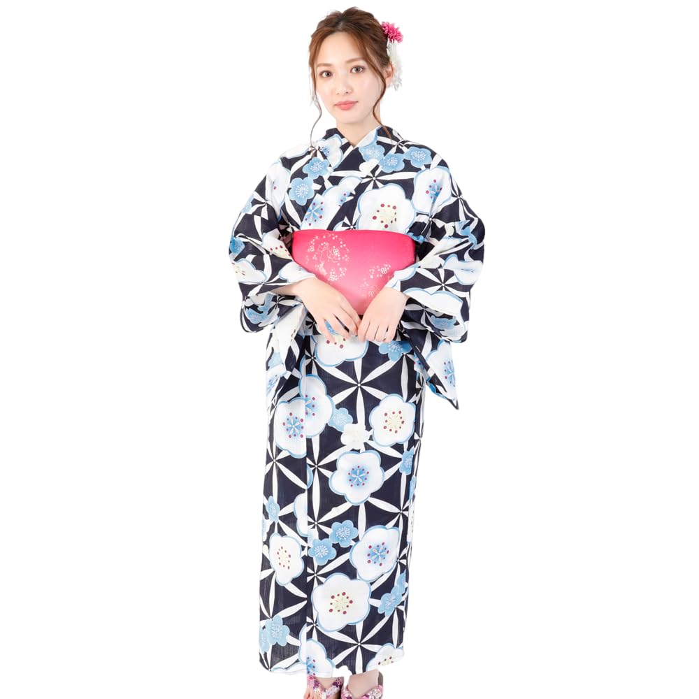 

Yukata Pop Plum Create a Feminine Japanese Easy to Tie Thong Geta One Size Fits Most [RAVIR] Women s 3-Piece Set, Illustration, Blossom, Cute, Look,