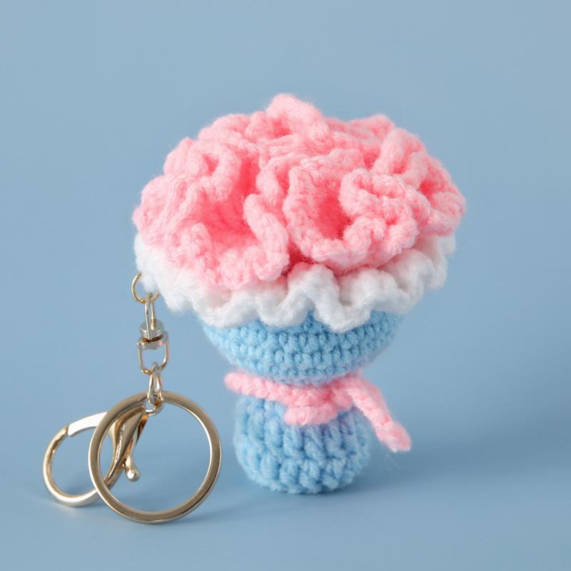 Crocheted Carnation Bag Pendant Ornament Key Rings Holders Unique Handheld Flower Design Creative Gift Decorative 5 Colors