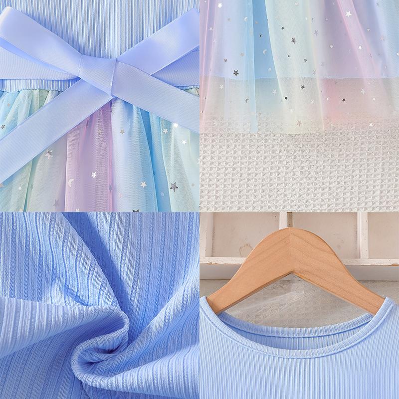 Girls Star Tulle DressCartoon Donut PrintCute Princess Party Dress with Bow, Short Sleeve Summer Dress for Little Girls