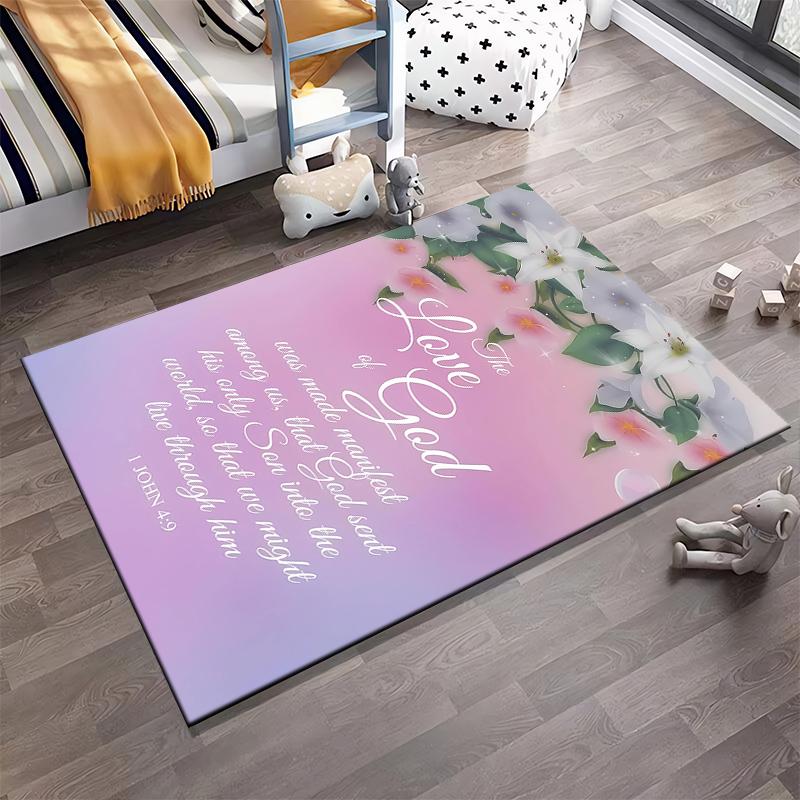Floral and Inspirational Biblical Verse Rug Non-slip rug suitable for living room and bedroom sofas.