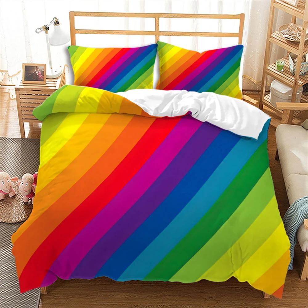 Colorful Stripes Rainbow Bedding Set Soft Comfortable And Breathable Duvet Cover Set 3Pcs Bedclothes Wonderful Gift For Children