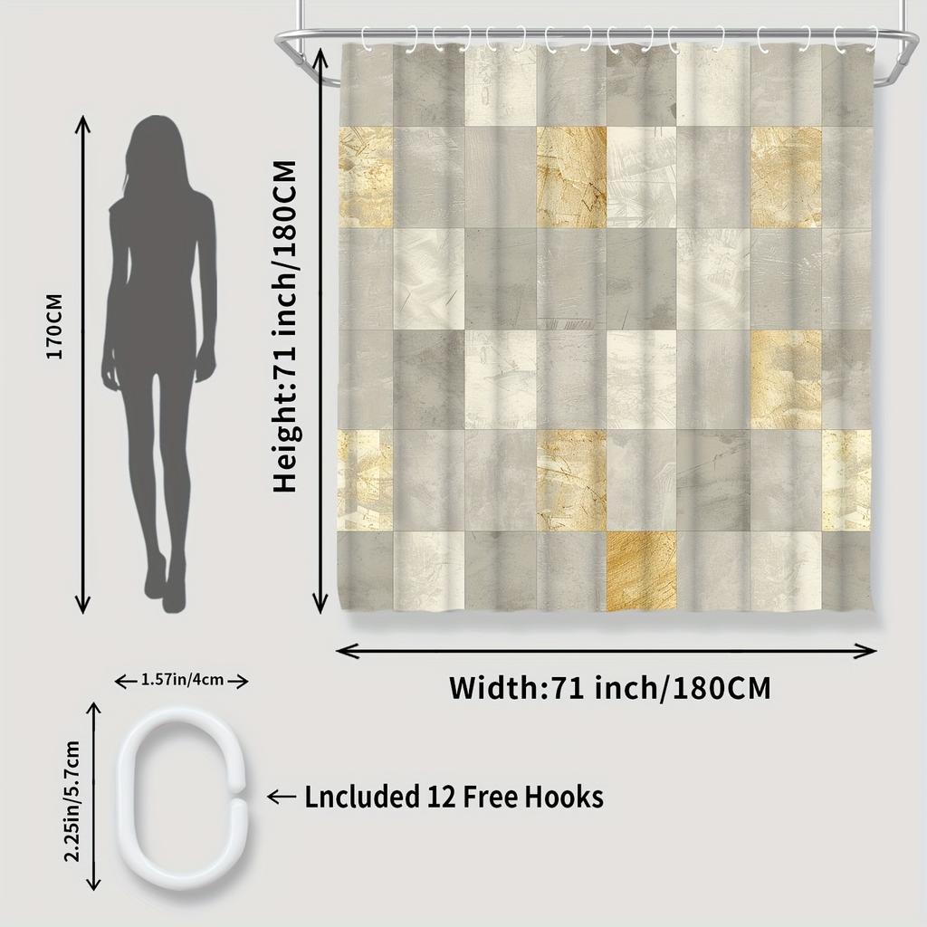 Modern Geometric Marble Print Shower Curtain with Polyester Bathroom Decor, Grey and Golden Mosaic Design, Machine Washable