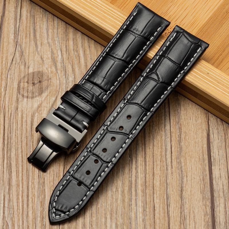 Bamboo Pattern Genuine Leather Watch Strap with Soft Cowhide and Butterfly Buckle for Men and Women