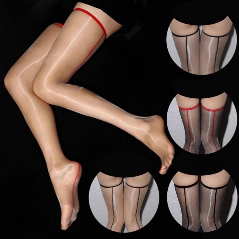 Calze Sexy Lingerie Sottili 1D Linea Posteriore Sopra il Ginocchio Calze Elastiche Donna Intimo Modellante Lucido ad Olio Colore a Contrasto