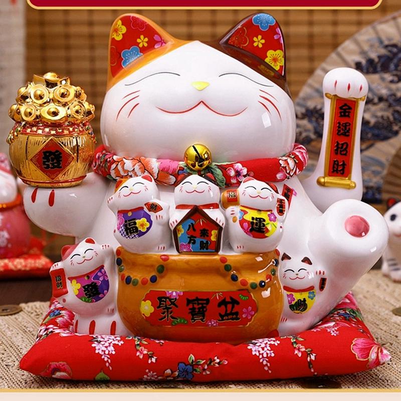10.2 Inch Large Lucky Cat Statue Maneki Neko Ornament Ceramic Beckoning Cat with Movable Arm Porcelain Fortune Cat Figurine