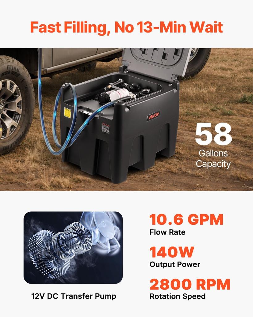 VEVOR Portable Diesel Tank, 220L Capacity & 10 GPM Flow Rate, Fuel Tank with 12V Electric Transfer Pump and 4 M Hose