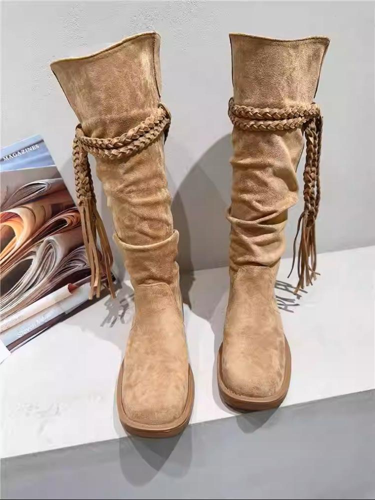 

Wasteland wind~ retro fringed boots women s autumn and winter new thick heel long western boots V-mouth thin pleated knight boots 35 хаки