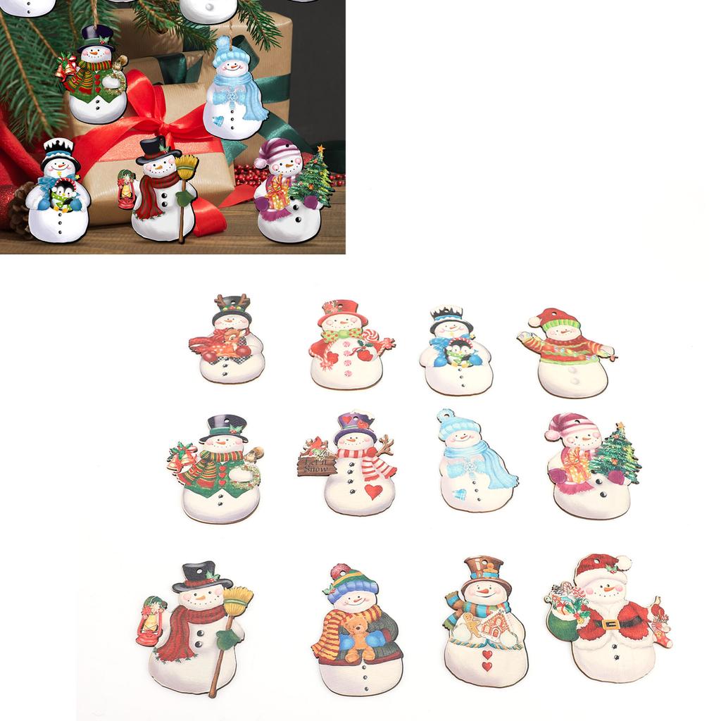 36PCS Xmas Snowmen Wood Ornaments Xmas Tree Hanging Decorations Crafts with Hemp Ropes for Winter Ho
