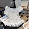 Korean version of high-end design diagonal neck off-the-shoulder short-sleeved summer new wear with splicing lace lace slim top