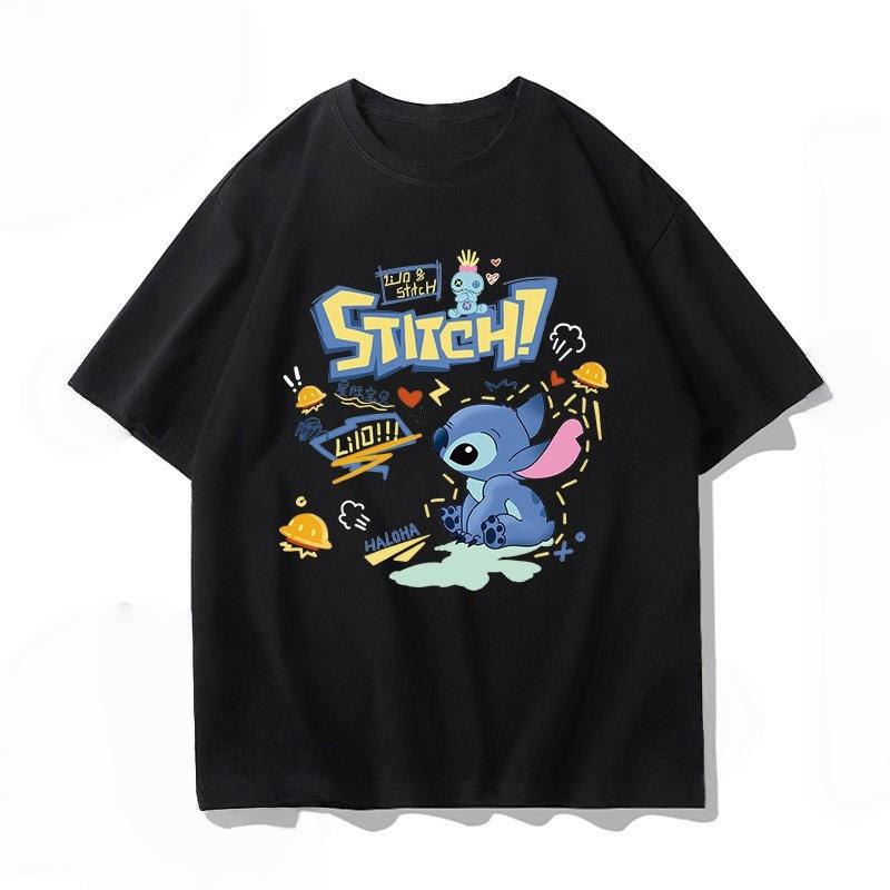 Summer Casual Stitch Fun Print Cotton Comfortable Black T-shirt Adults Children Parent Child Couple Fashion Loose Sportswear